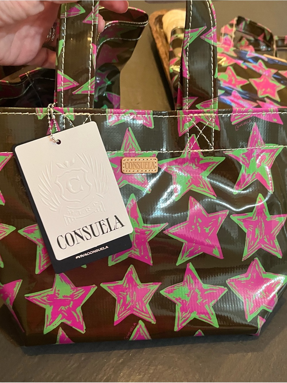 Consuela Green Background Tote with Pink Star Print - Picture 6 of 6